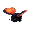 A fluffy black and orange butterfly cat toy with large wings and an eye.