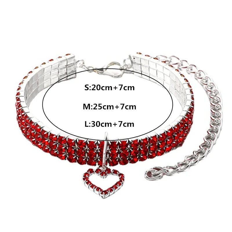 Silver rhinestone collar with a heart pendant and adjustable sizing options