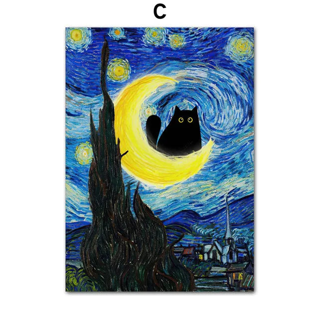 A painting featuring a dark silhouette of a cat against a bright yellow crescent moon in a starry blue night sky.