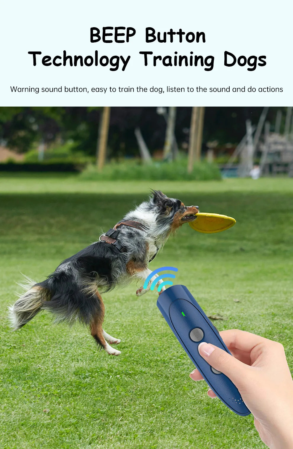A hand holds a blue ultrasonic dog bark deterrent device with an LED indicator, near a dog in a grassy field.