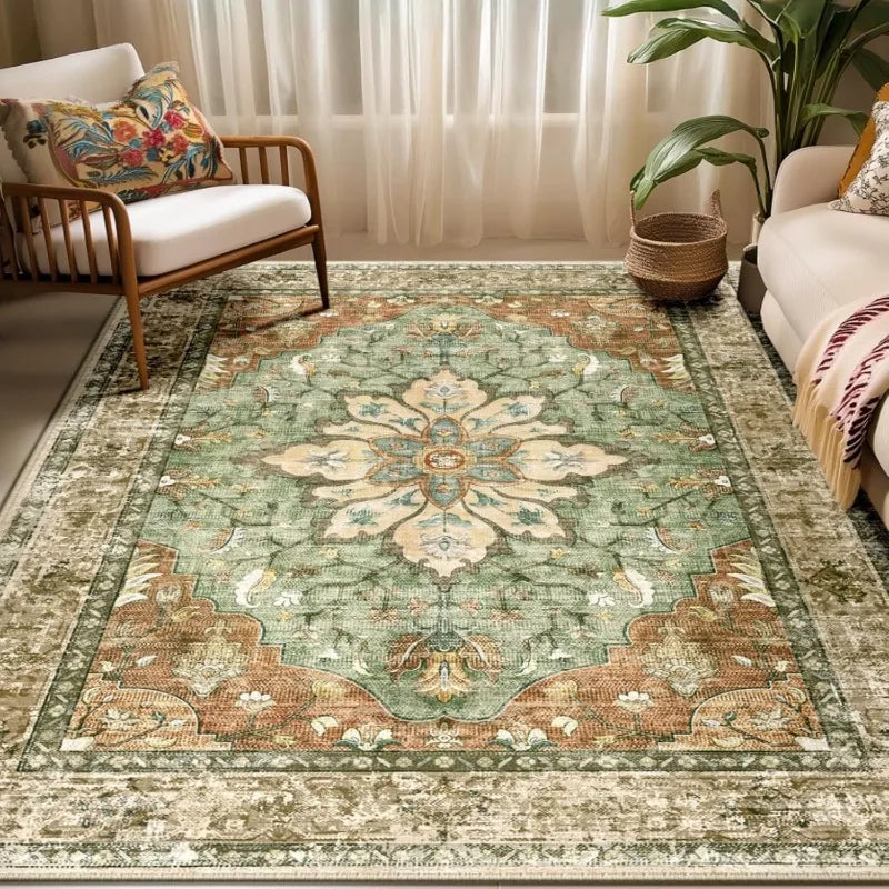 A detailed bohemian Persian floral area rug featuring muted green and beige tones with intricate patterns.