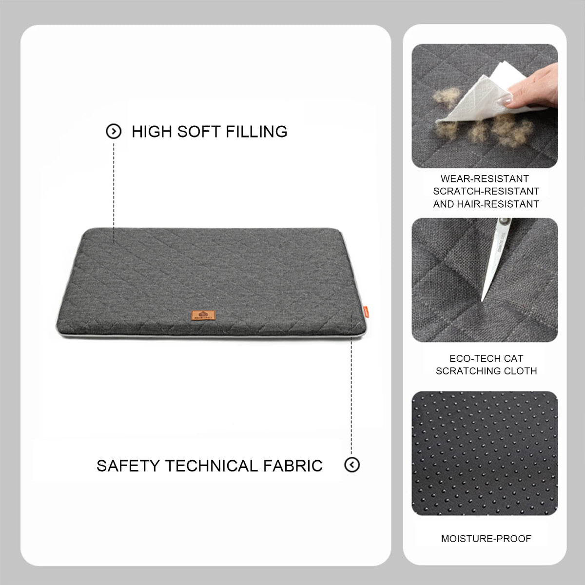 Gray washable dog sleeping mat featuring high soft filling, safety technical fabric, and moisture-proof features.