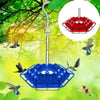 A hummingbird feeder with a hanging hook is shown suspended from a branch, featuring red and blue feeding ports.