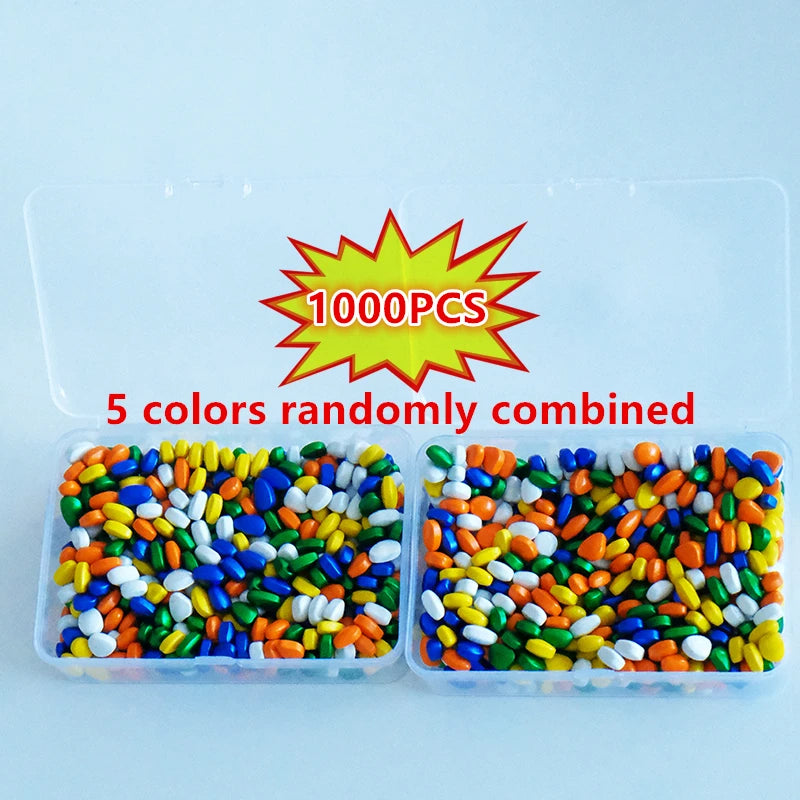 A set of 1000 colorful stone cobblestones in five randomly combined colors packaged in clear plastic containers.