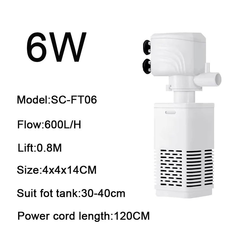 White submersible aquarium filter pump with a power cord and flow specifications listed.