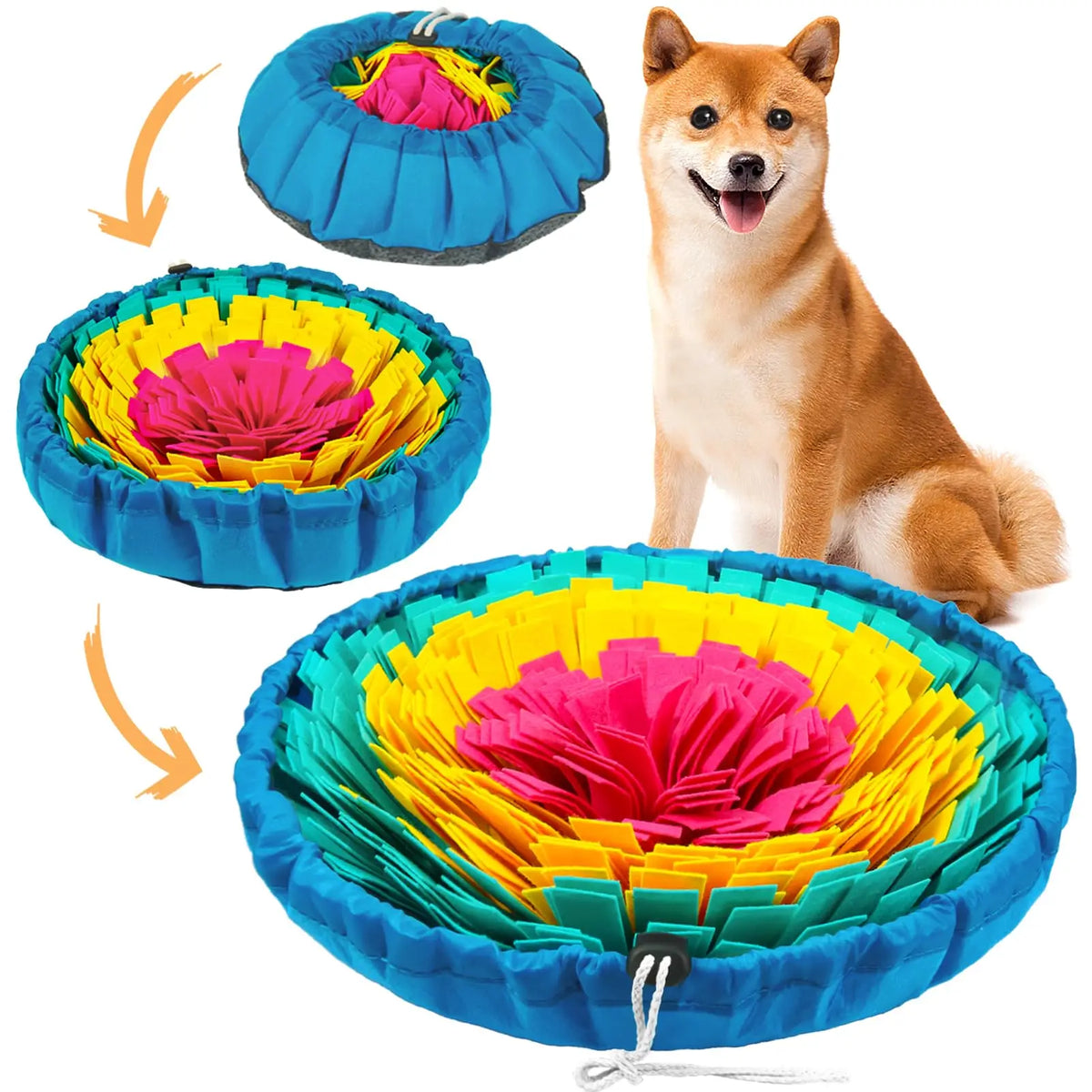 A bright blue snuffle mat with colorful fabric layers is shown next to a happy dog.