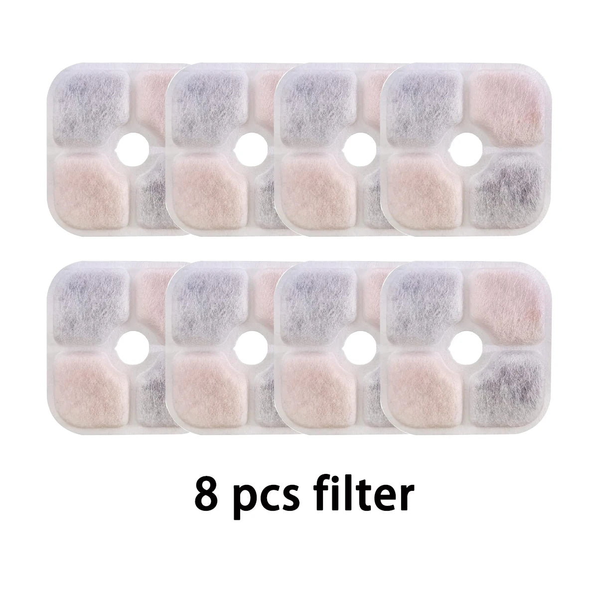 Eight replacement filters for a cat water fountain, showing light pink and gray filtration pads.