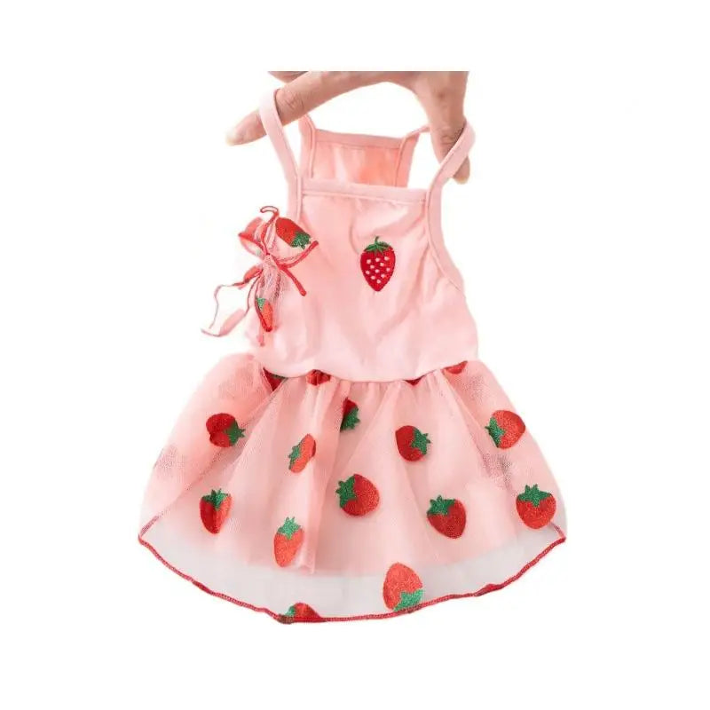 Pink strawberry princess pet dress with a bodice and ruffled skirt