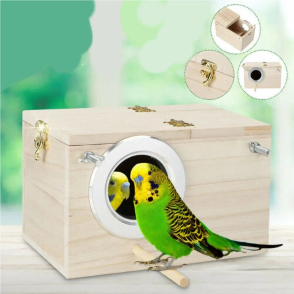A wooden bird nesting box containing a yellow budgie, with close-ups of the latch and entrance.