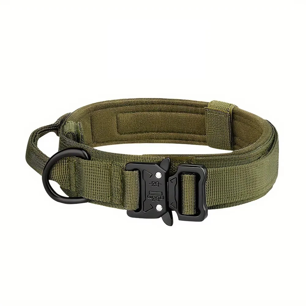 Olive green tactical dog training collar and leash set with a handle