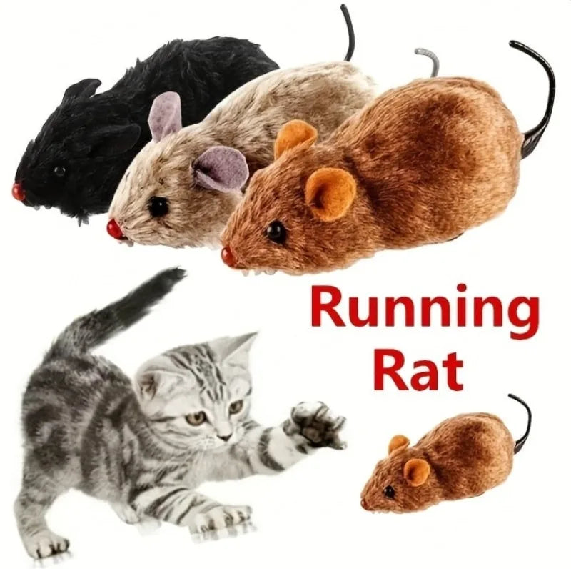 A collection of plush mice and a small rat toy, including a black mouse, a gray mouse, and a brown rat.