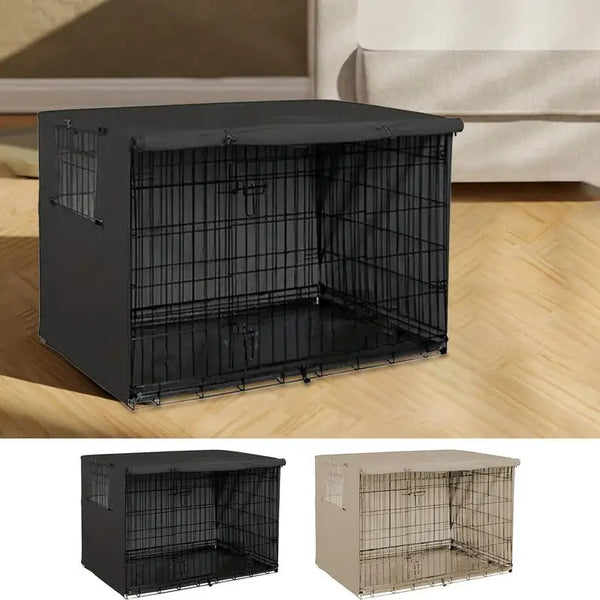 A black waterproof dog crate cover with mesh windows shown in various angles.