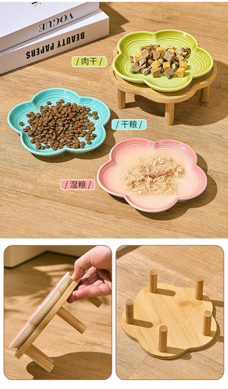 Ceramic Pet Bowl with Wood Stand – Elegant Bow Knot Design