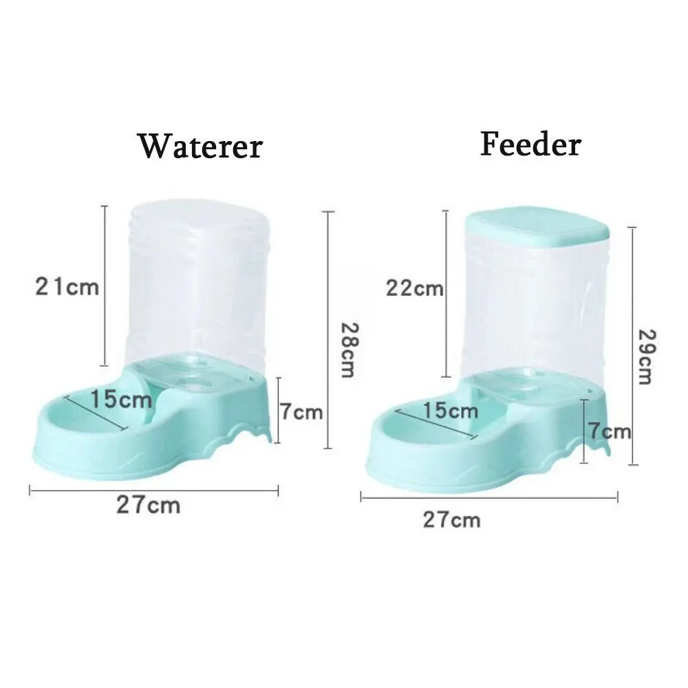 A set of a clear waterer and feeder for pets, featuring light blue accents.