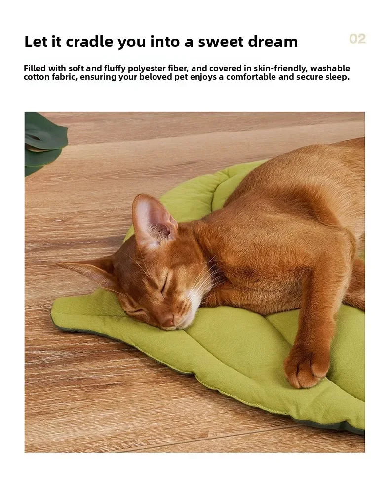 An orange cat is resting on a green pet cushion on a wooden surface.