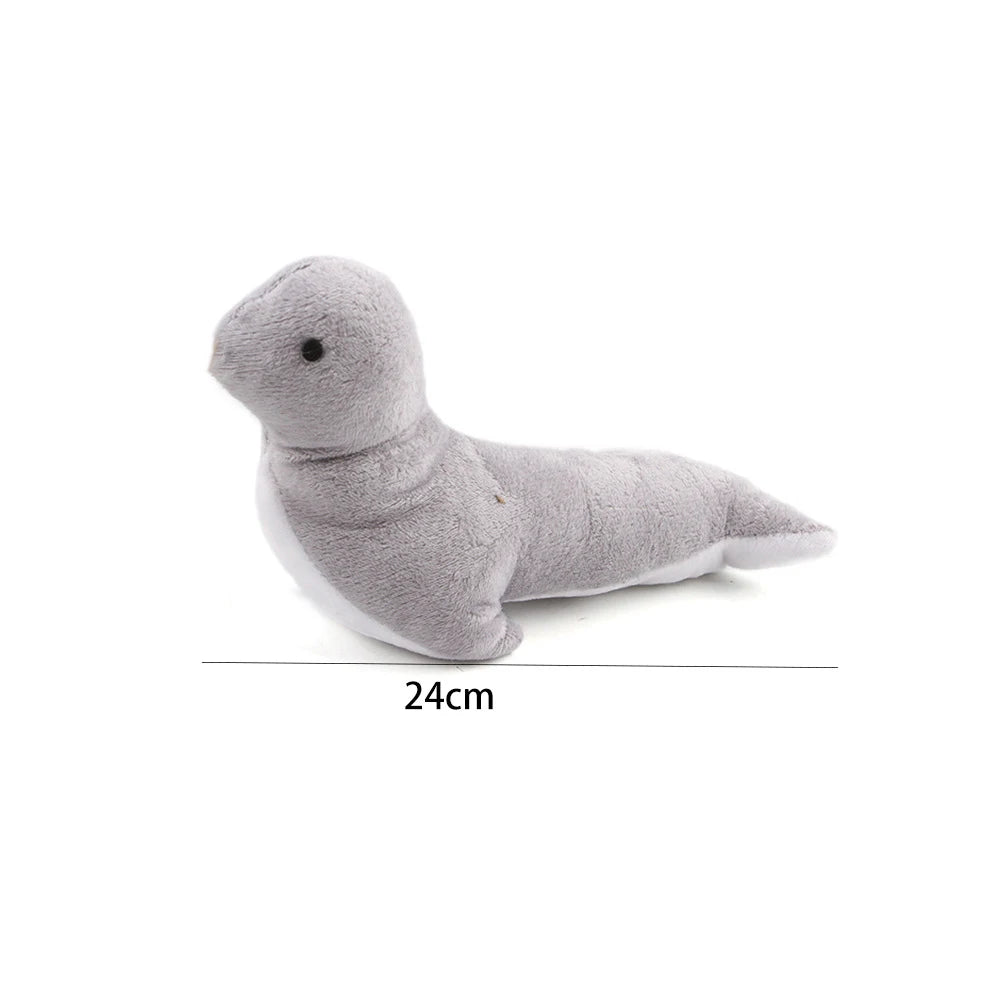 Jouet à mâcher en peluche gris doux pour chats, mesure 24 cm.
