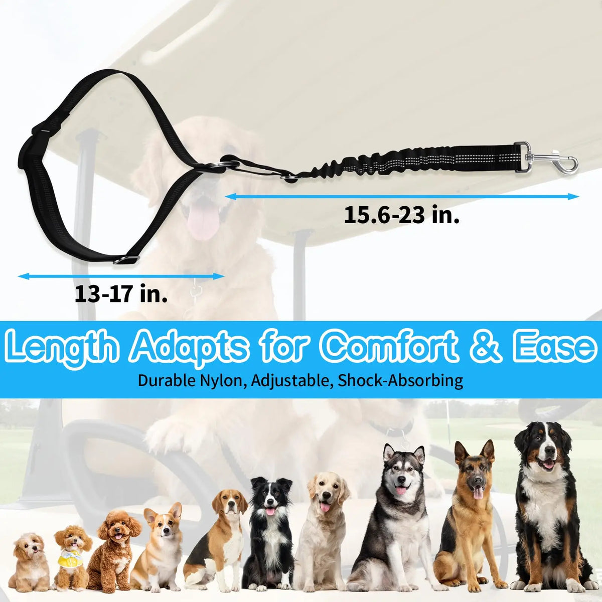 Adjustable Dog Car Seat Belt with Shock-Absorbing Elastic Leash