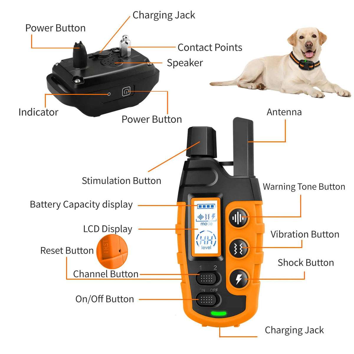 Collar de entrenamiento eléctrico para perros con botones, altavoz y jack de carga.