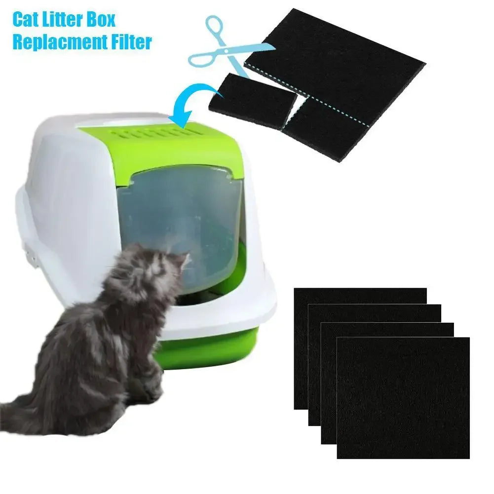 Replacement filter pads for a cat litter box shown next to a kitten and a pair of scissors.