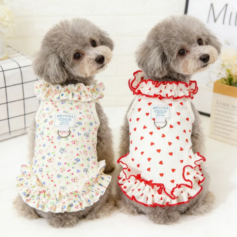 Floral Princess Pet Dress with Heart Print