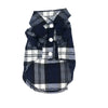 A dark blue and white plaid vest for a small dog