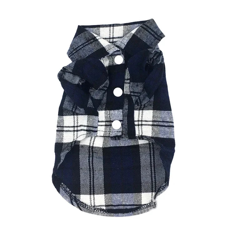 A dark blue and white plaid vest for a small dog