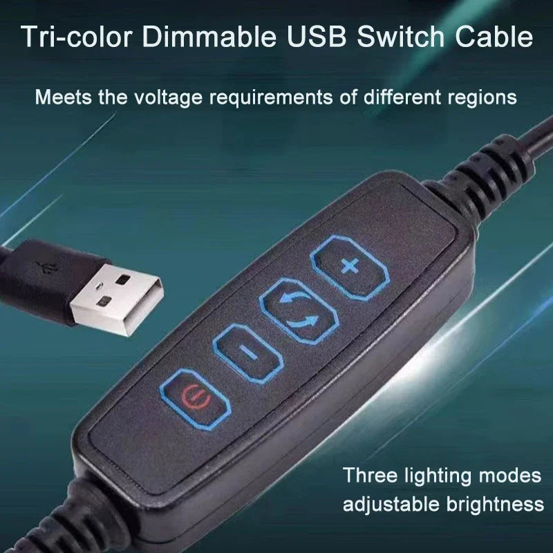 A tri-color dimmable USB switch cable with three lighting modes and adjustable brightness.