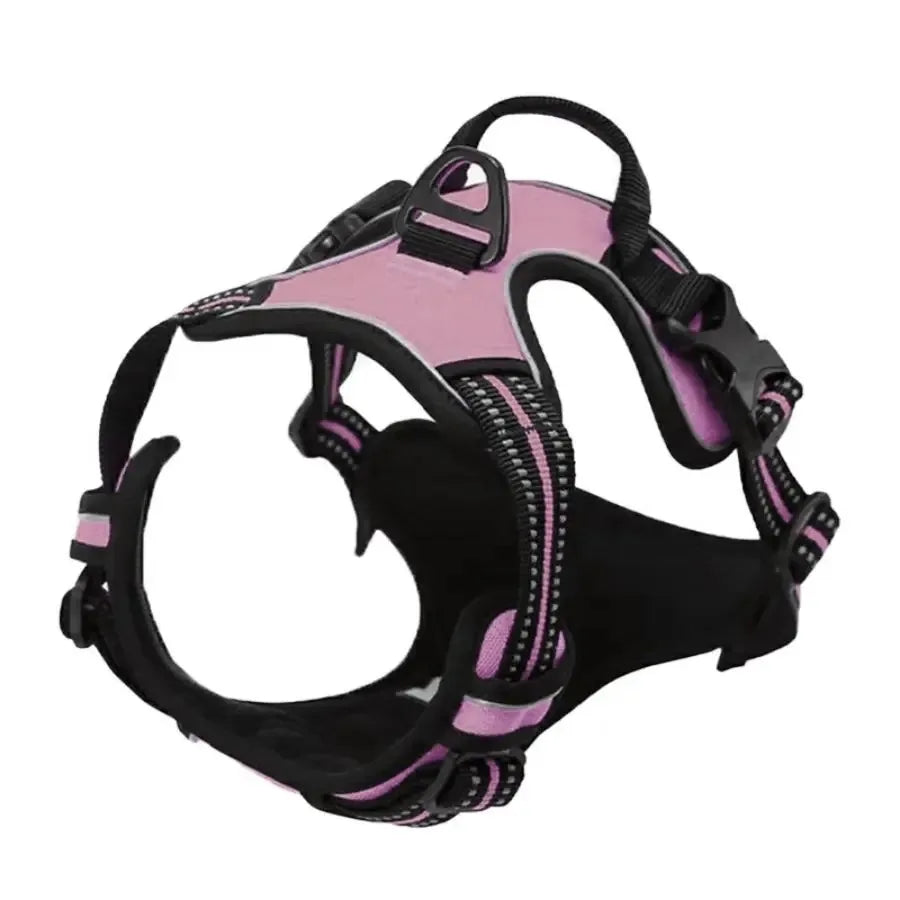 Set of pink and black leather dog collar, harness, and leash