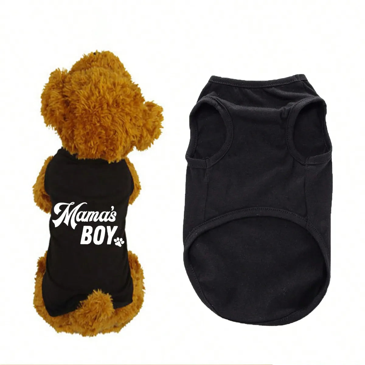 A fluffy golden dog toy wearing a black vest with the text Mama's Boy on it.