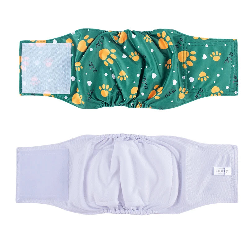 Reusable dog belly bands for training and protection in green and white patterns