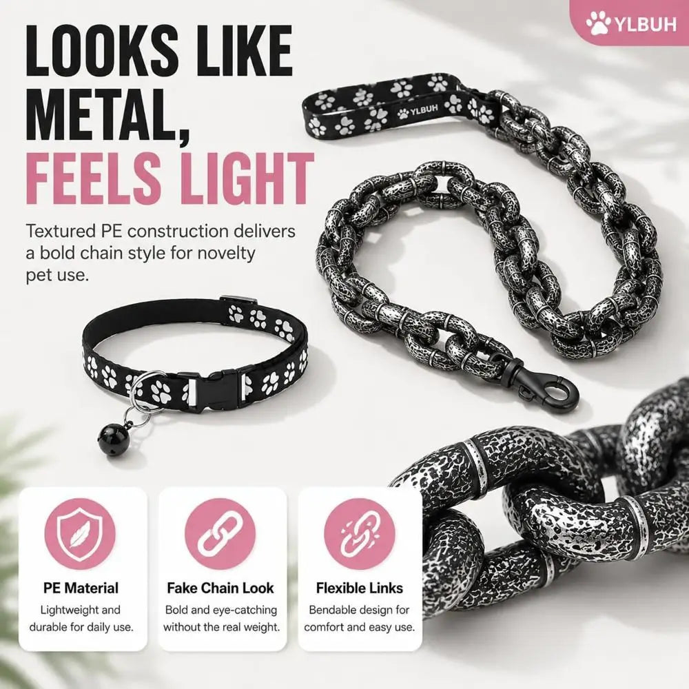 A black textured PE construction faux chain dog collar and leash for pets.