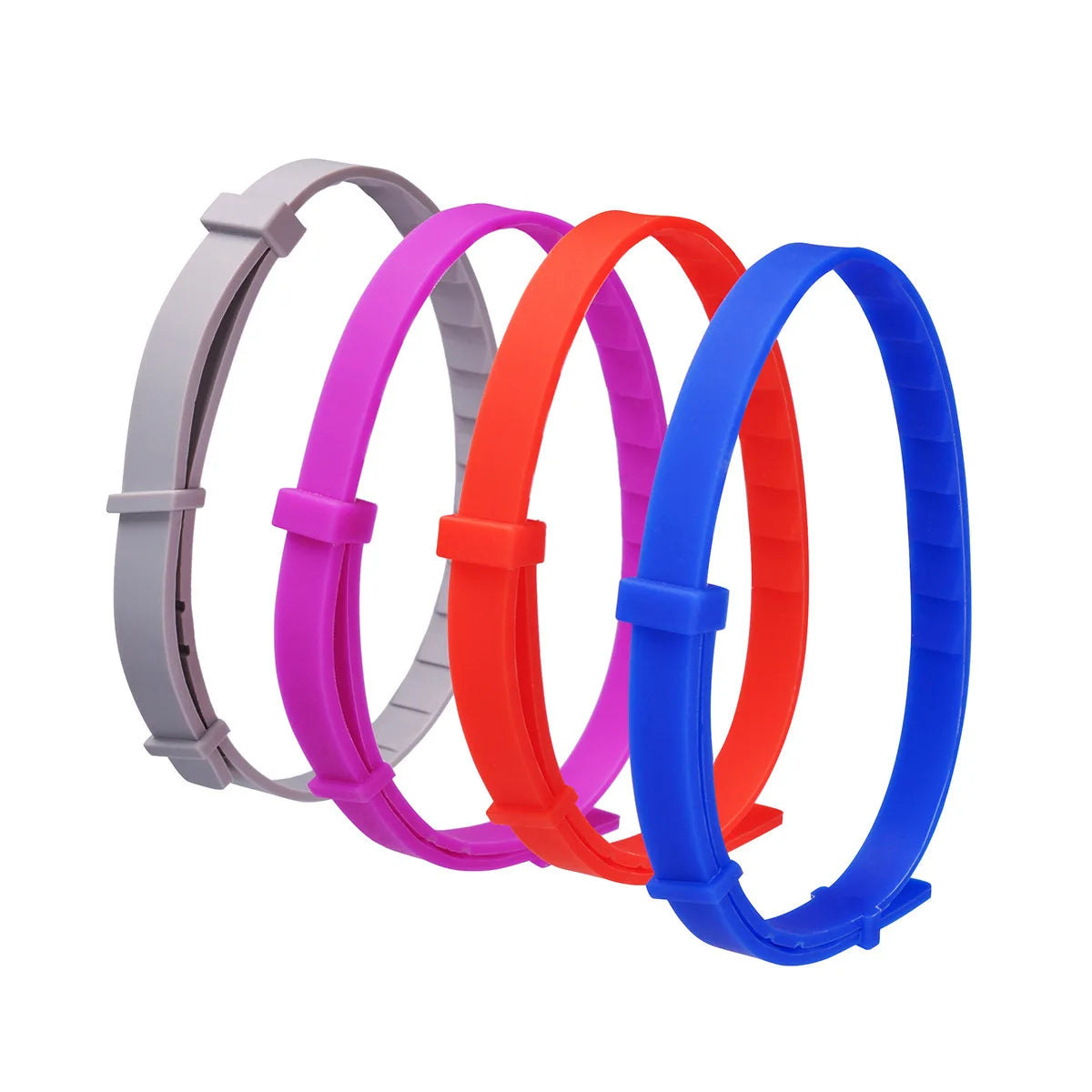 A set of four colorful adjustable waterproof pet collars for small dogs and cats in gray, pink, orange, and blue.