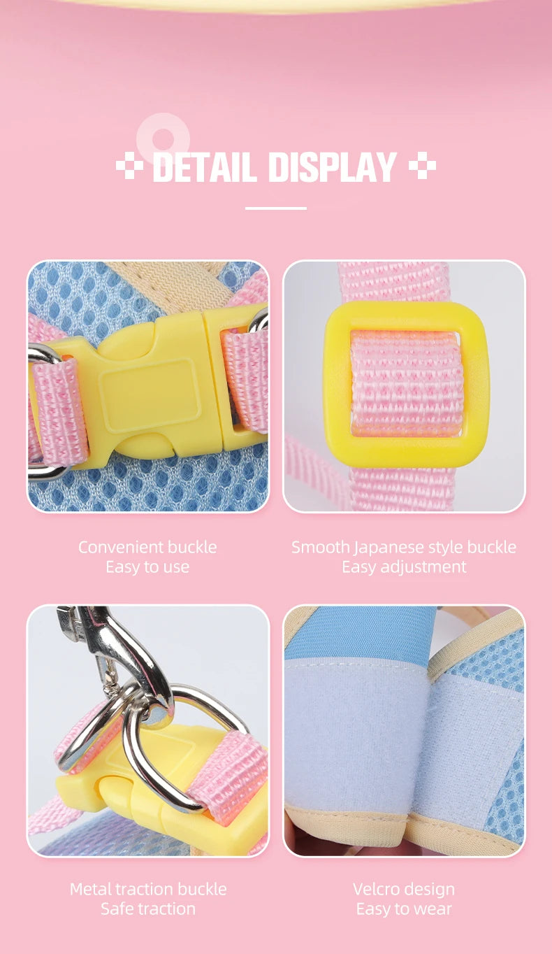 Detail display of a yellow breathable mesh dog harness with reflective stripes and a matching leash.