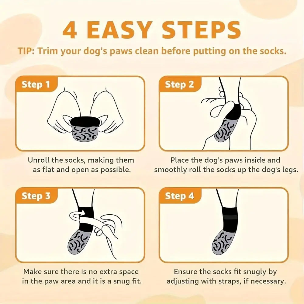 Instructions for trimming and putting on anti-slip pet paw protection socks in four easy steps.