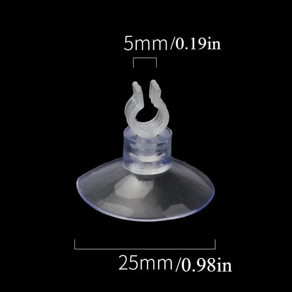 A clear silicone suction cup holder for aquarium air hoses, measuring 5mm/0.19in in diameter and 25mm/0.98in in length.