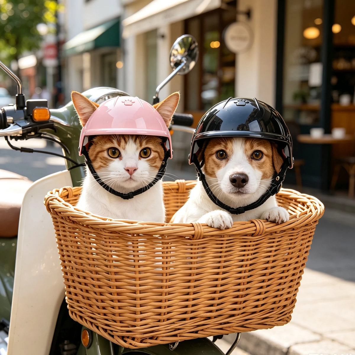 Eine Katze und ein Hund tragen rosa und schwarze Schutzhelme und sitzen in einem geflochtenen Korb auf einem Vintage-Motorrad