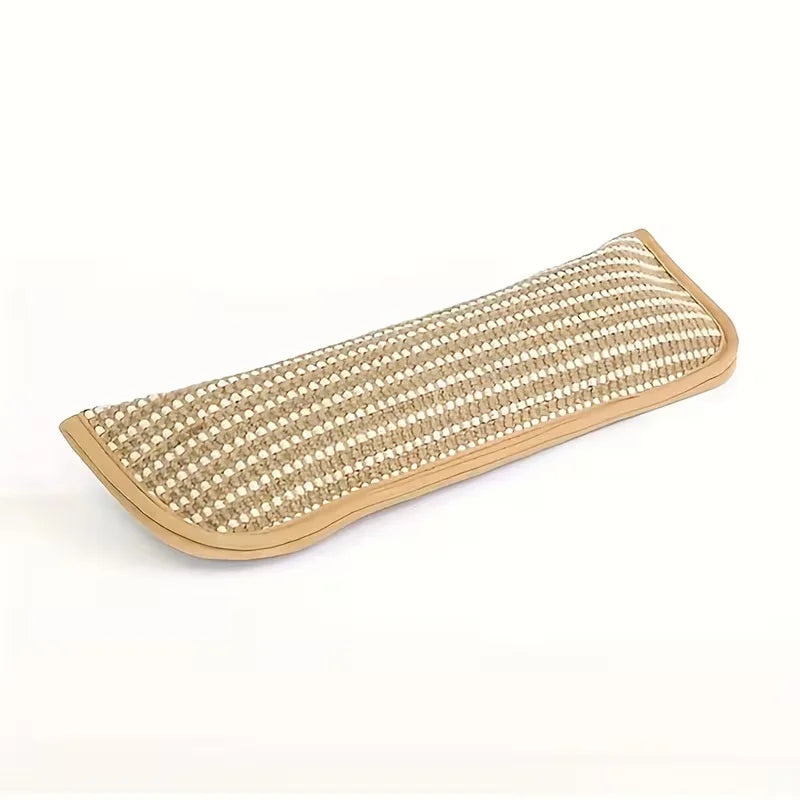 A rectangular beige sisal cat toy and pillow set with a woven texture.
