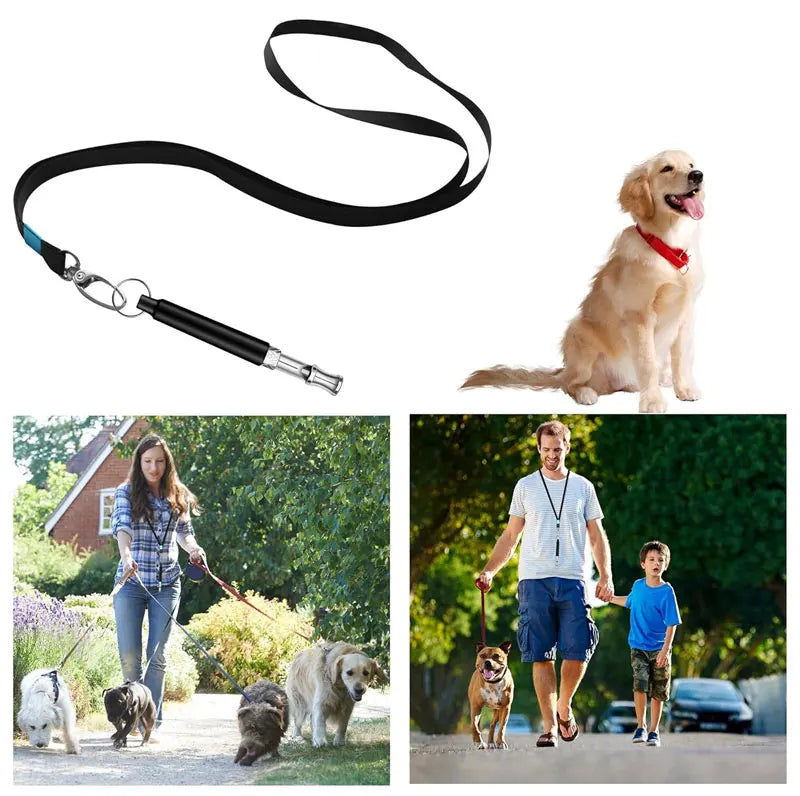 A black adjustable ultrasonic dog whistle attached to a leash, shown next to a golden retriever.
