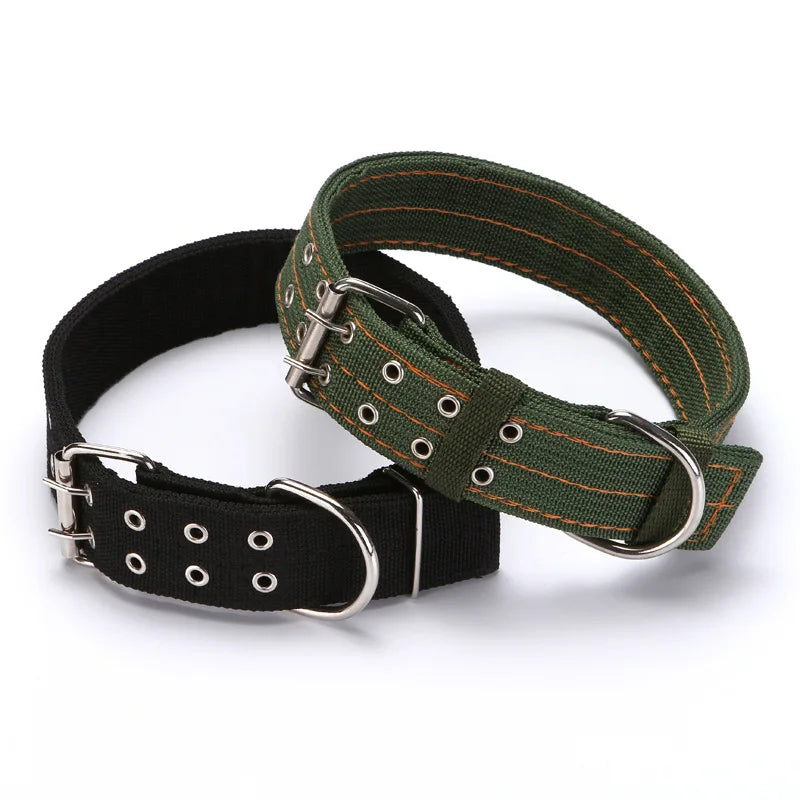 A heavy duty tactical dog collar for large breeds in dark green and black fabric with a metal buckle.