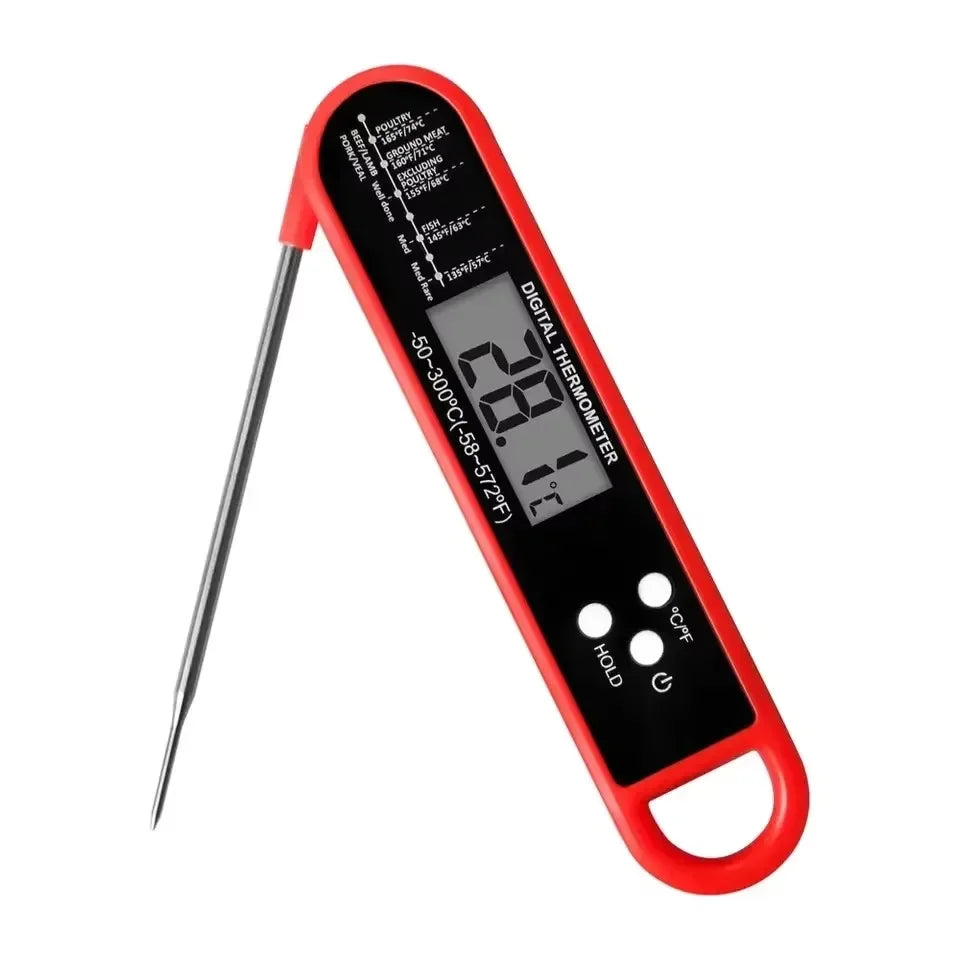 A red instant read digital meat thermometer with a backlit display and probe.