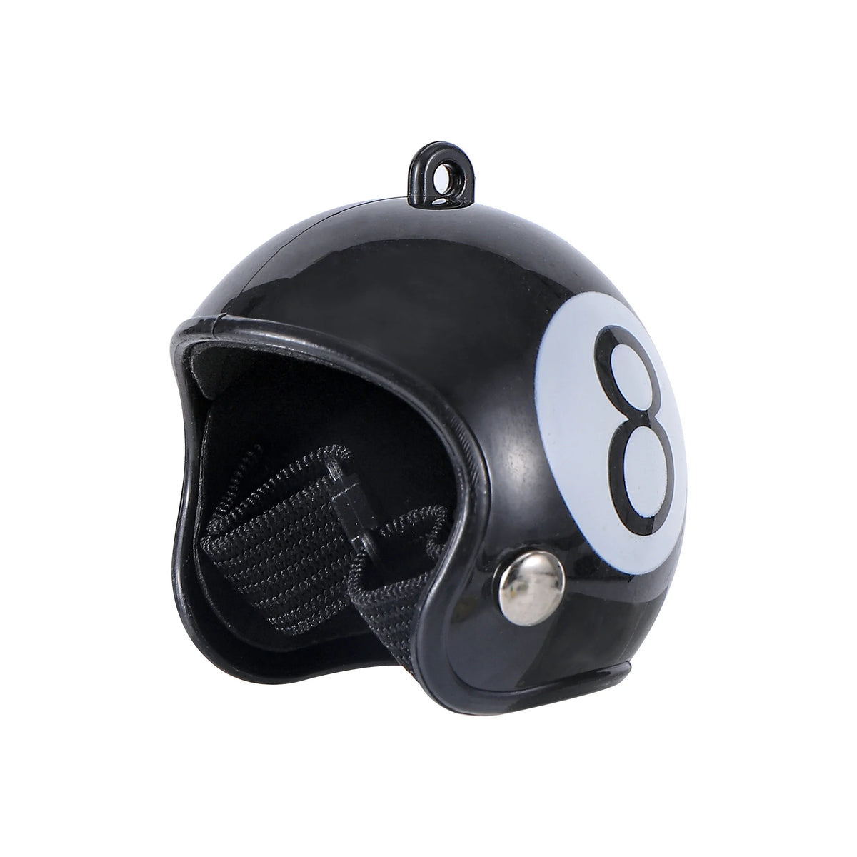 A black adjustable bird safety helmet with a white number eight design.