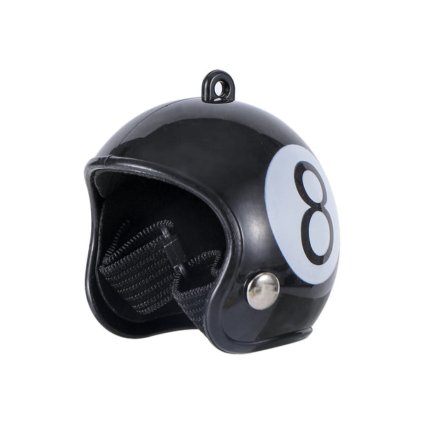 A black adjustable bird safety helmet with a white number eight design.