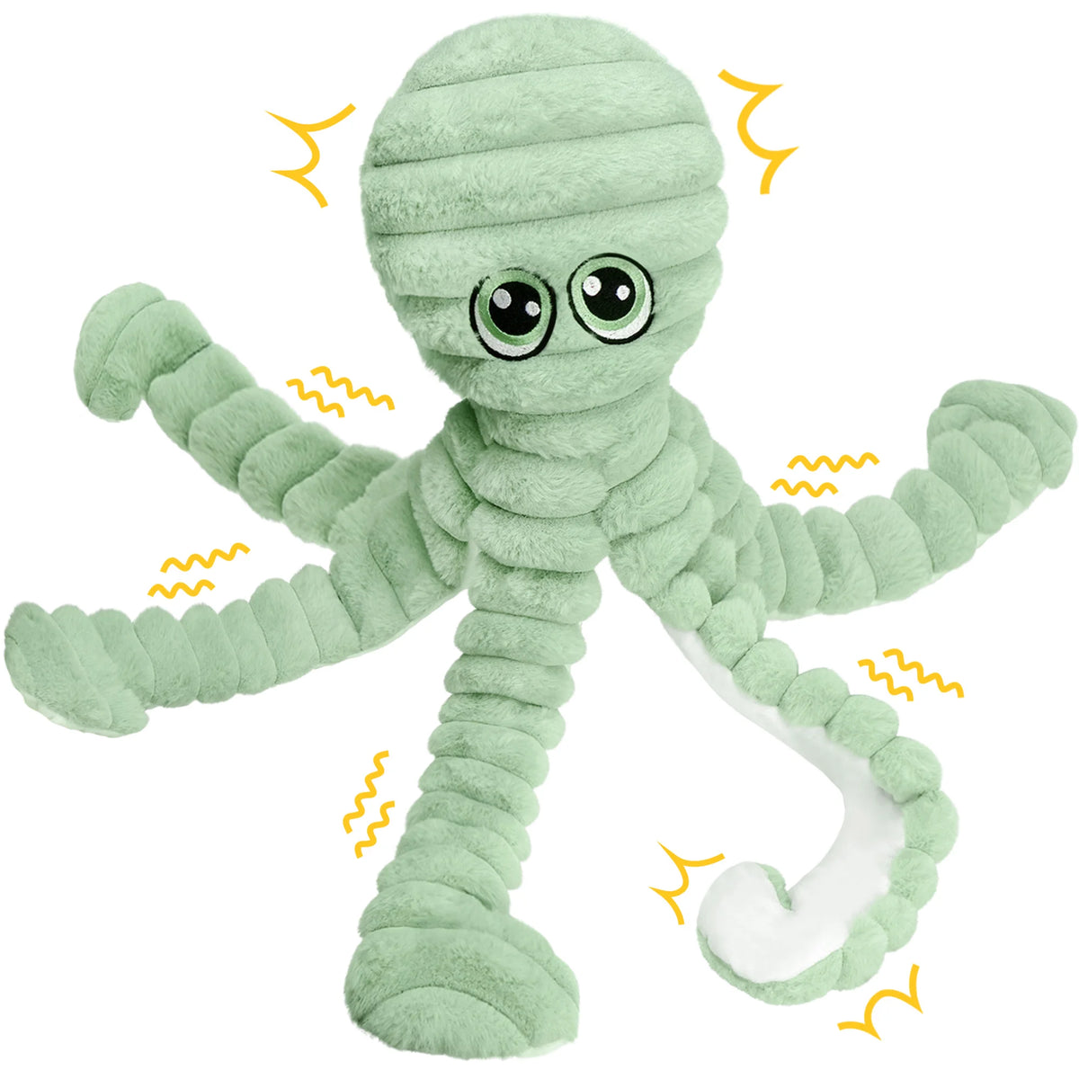 Weiches, hellgrünes Plüschtier in Form eines Oktopus mit mahlenden Zähnen.