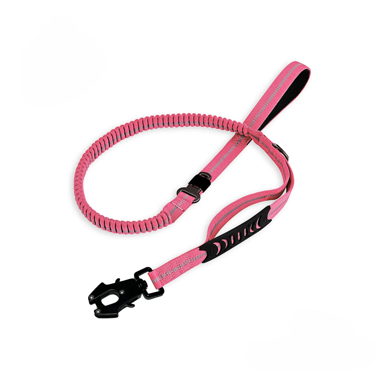 A pink heavy duty reflective dog leash with padded handles and traffic control features.