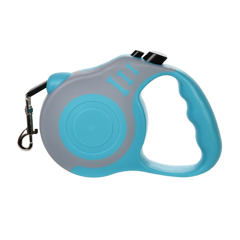 A light blue retractable dog leash with a gray body and a blue grip.