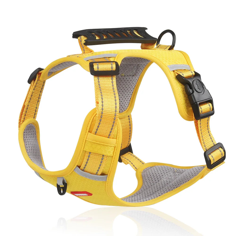 Yellow adjustable reflective dog harness with a handle and breathable vest