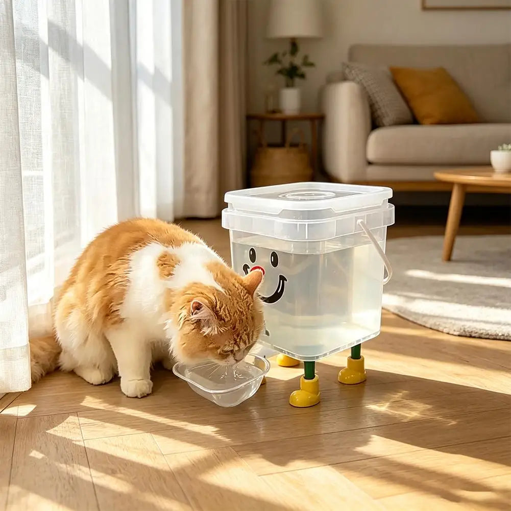 A cute orange and white cat is interacting with an automatic gravity pet water fountain on the floor.