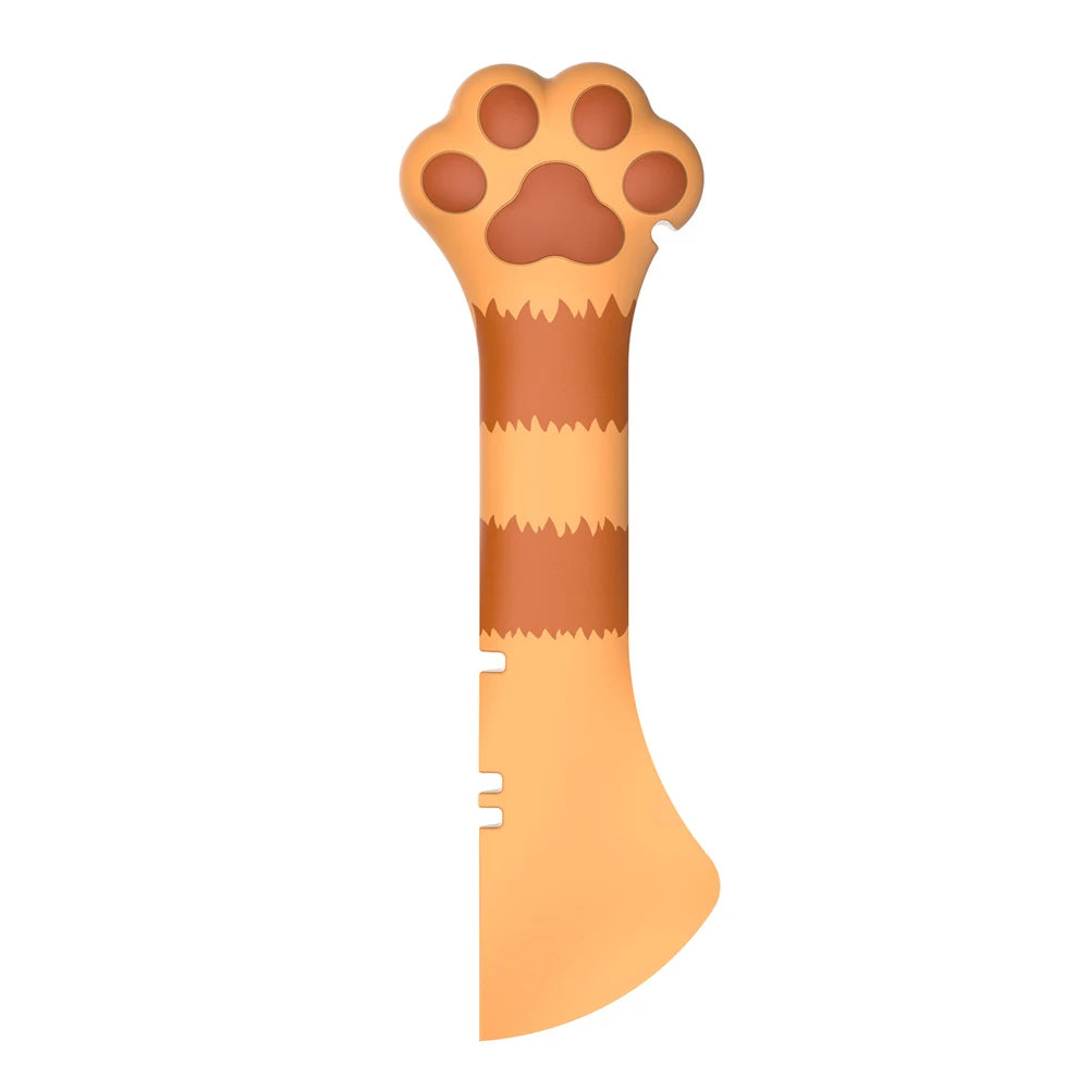 A silicone cat paw shaped can opener and food scoop with a lid in a light brown color.