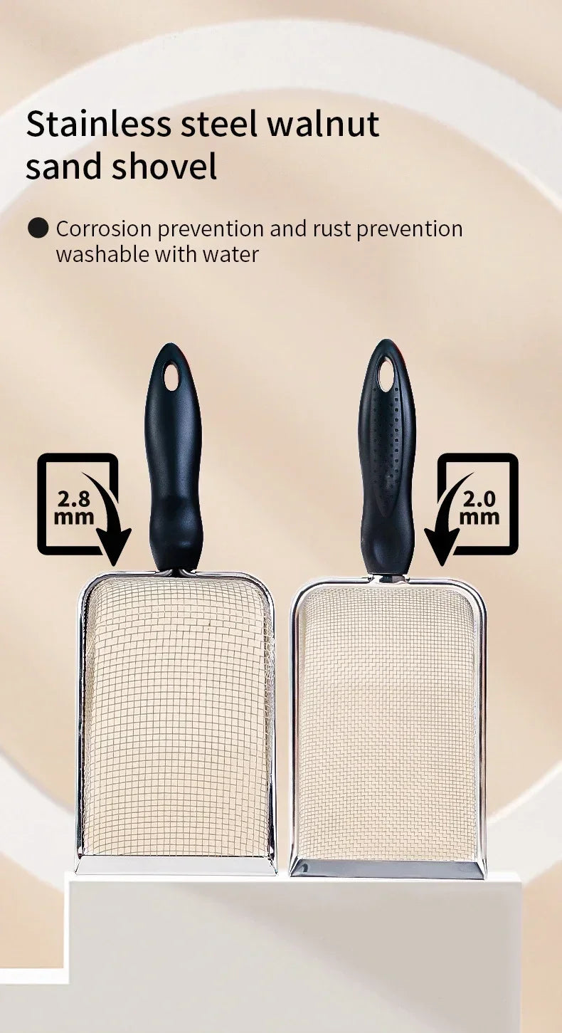 Pala para arena de gatos de acero inoxidable con tamiz de malla fina