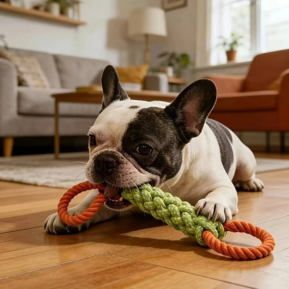 Ein Französische Bulldogge kaut ein orange-grünes, langlebiges Hundekauflasp auf einem Holzfußboden.